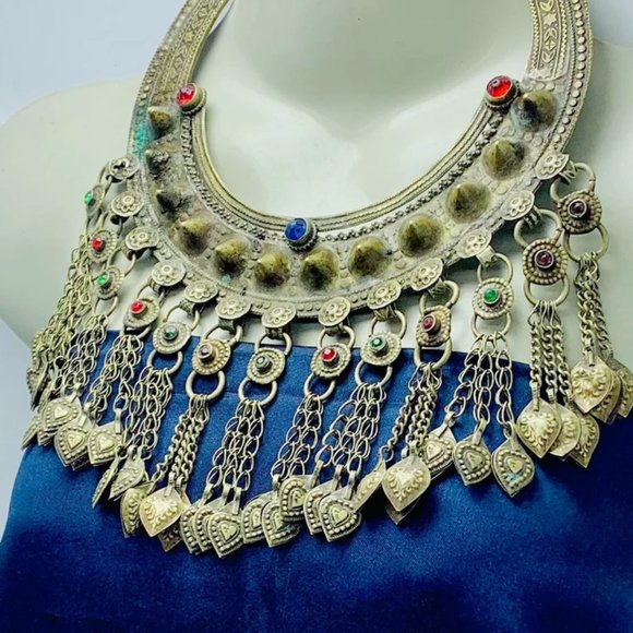 Vintage Turkmen Torque Choker Necklace, Torque Choker Necklace with Dangling - Picture 3 of 6